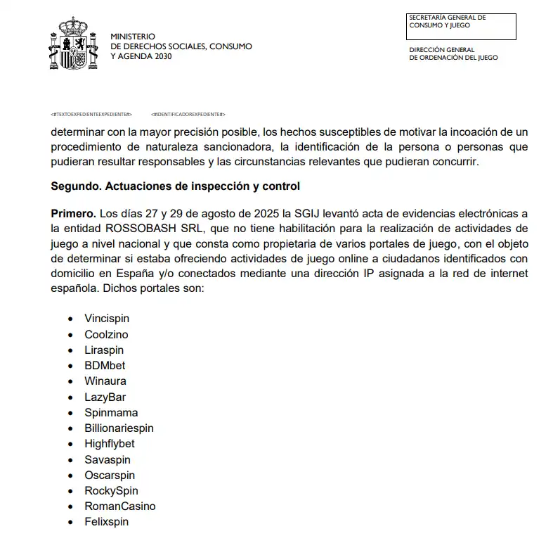 Expediente DGOJ ES/2025/091 con RomanCasino incluido entre los portales inspeccionados